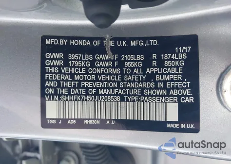 2018 Honda Civic Ex z USA, uszkodzony, nr VIN SHHFK7H50JU208538